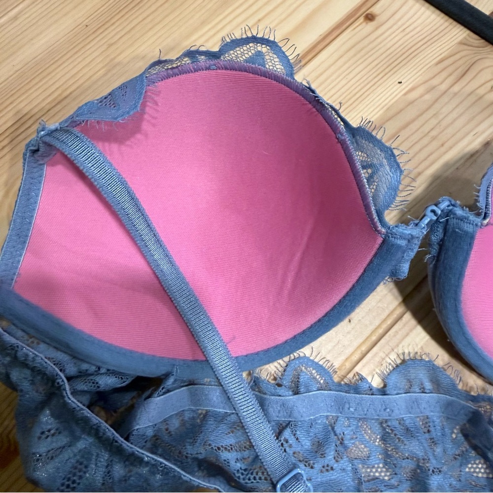 Victoria Secret PINK Date Racerback Push up Front Close Bra Lace 36B Blue - Picture 5 of 6
